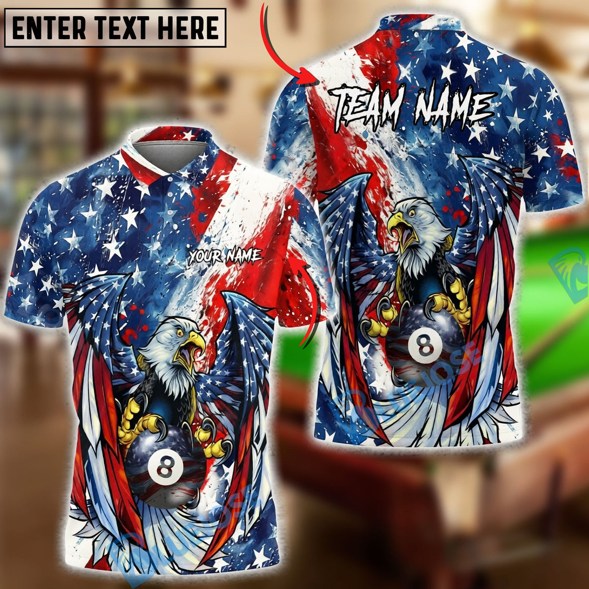 BlueJose Billiards 8 Ball &amp; 9 Ball Eagle American Flag Patriot Paint Art Personalized Shirt (2 Colors)