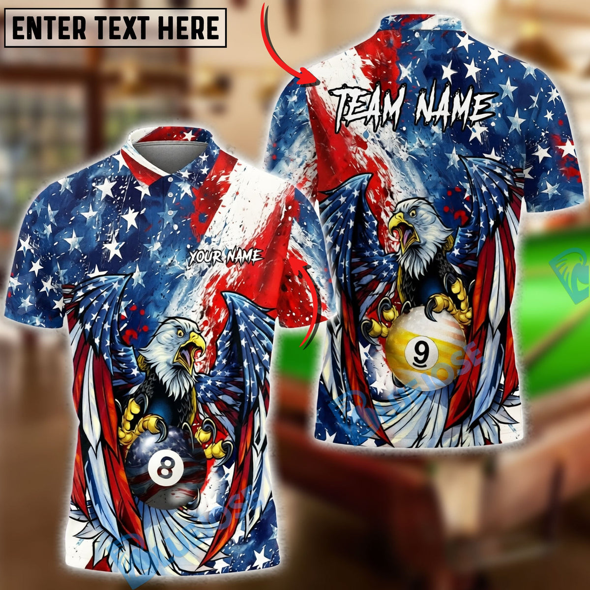 BlueJoses Billiards 8 Ball &amp; 9 Ball Eagle American Flag Patriot Paint Art  Customized Name, Team Name 3D Shirt