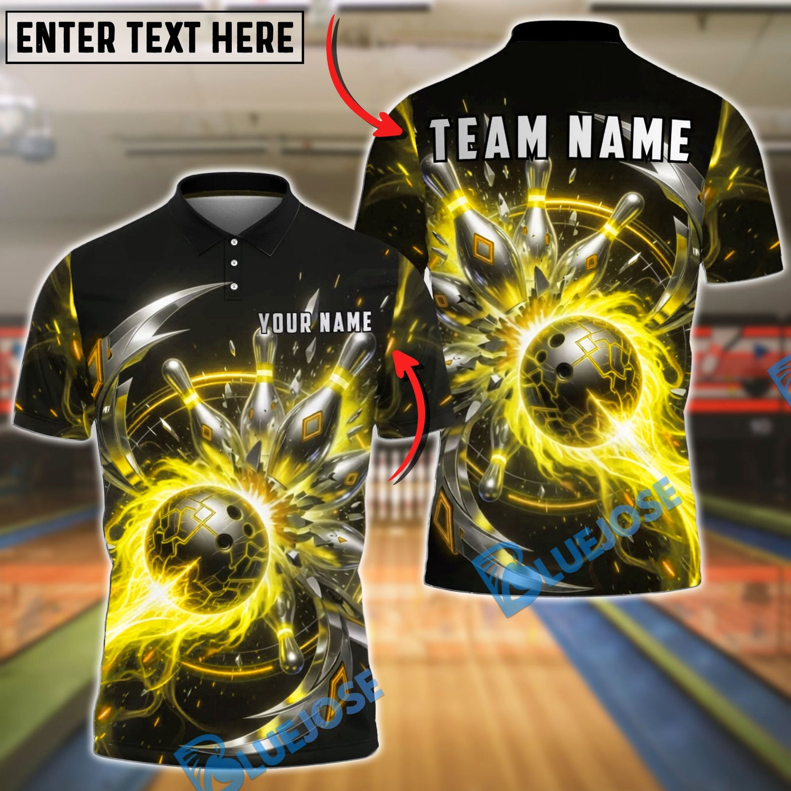 BlueJose Bowling Neon Cyber Energy Ball and Pins Customized Name, Team Name 3D Shirt (6 Colors)