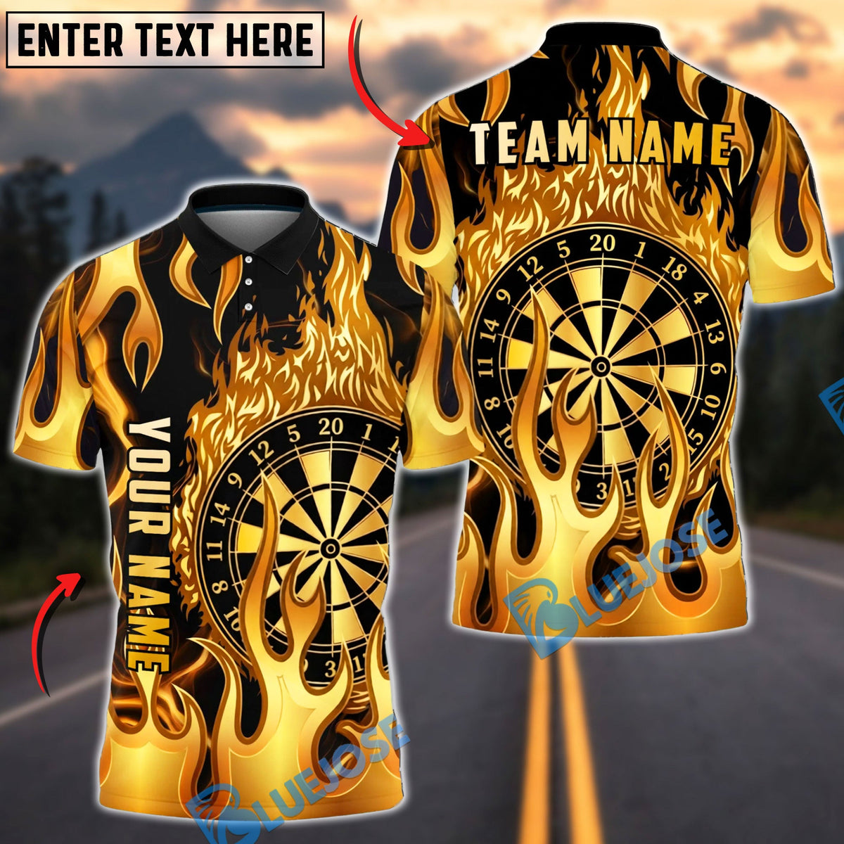 BlueJose Darts Golden Plate Flame Dartboard Personalized Name, Team Name Unisex Shirt (6 Colors)