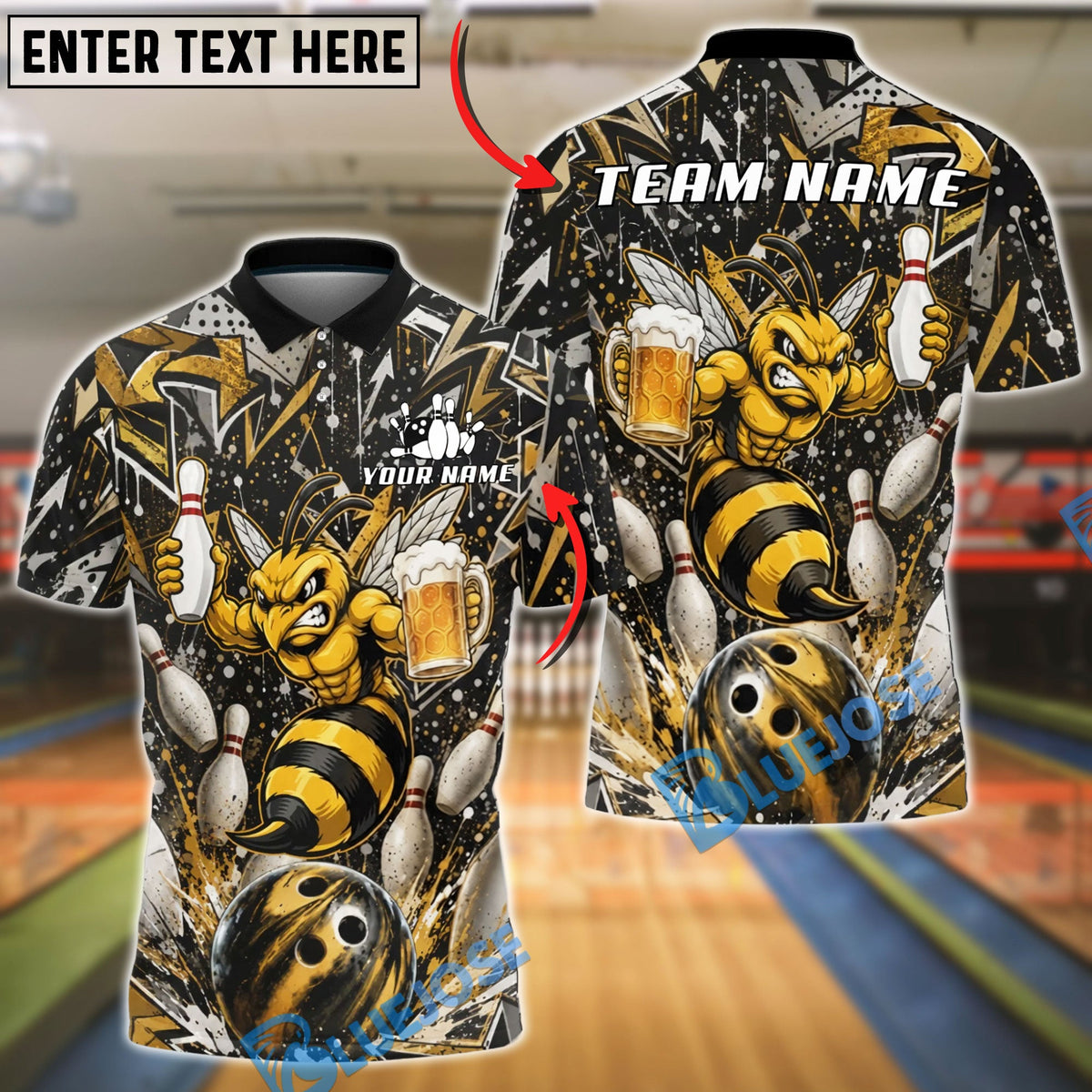 BlueJose Bowling And Pins Angry Hornet Beer Customized Name, Team Name 3D Shirt (6 Colors)