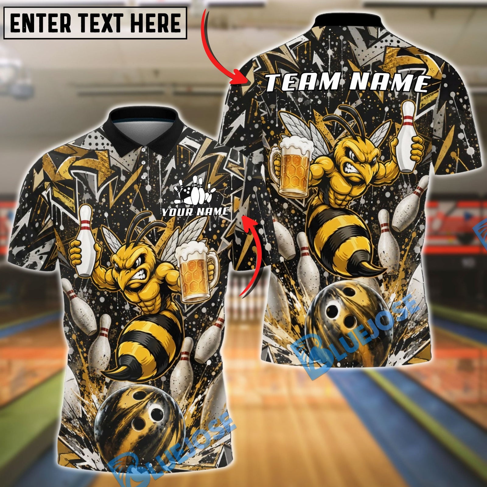 BlueJose Bowling And Pins Angry Hornet Beer Customized Name, Team Name 3D Shirt (6 Colors)