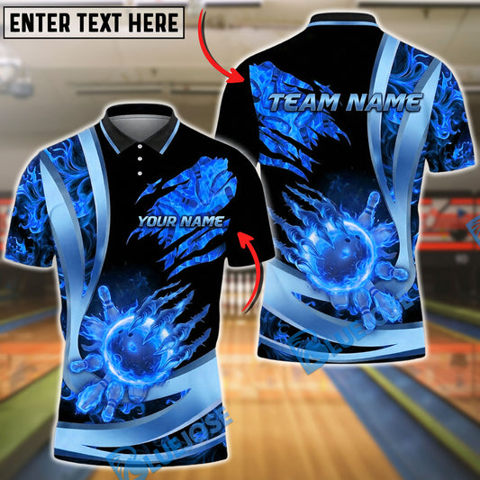 BlueJose Bowling And Pins Flaming Fireball Claw Strike Customized Name, Team Name 3D Shirt (4 Colors)