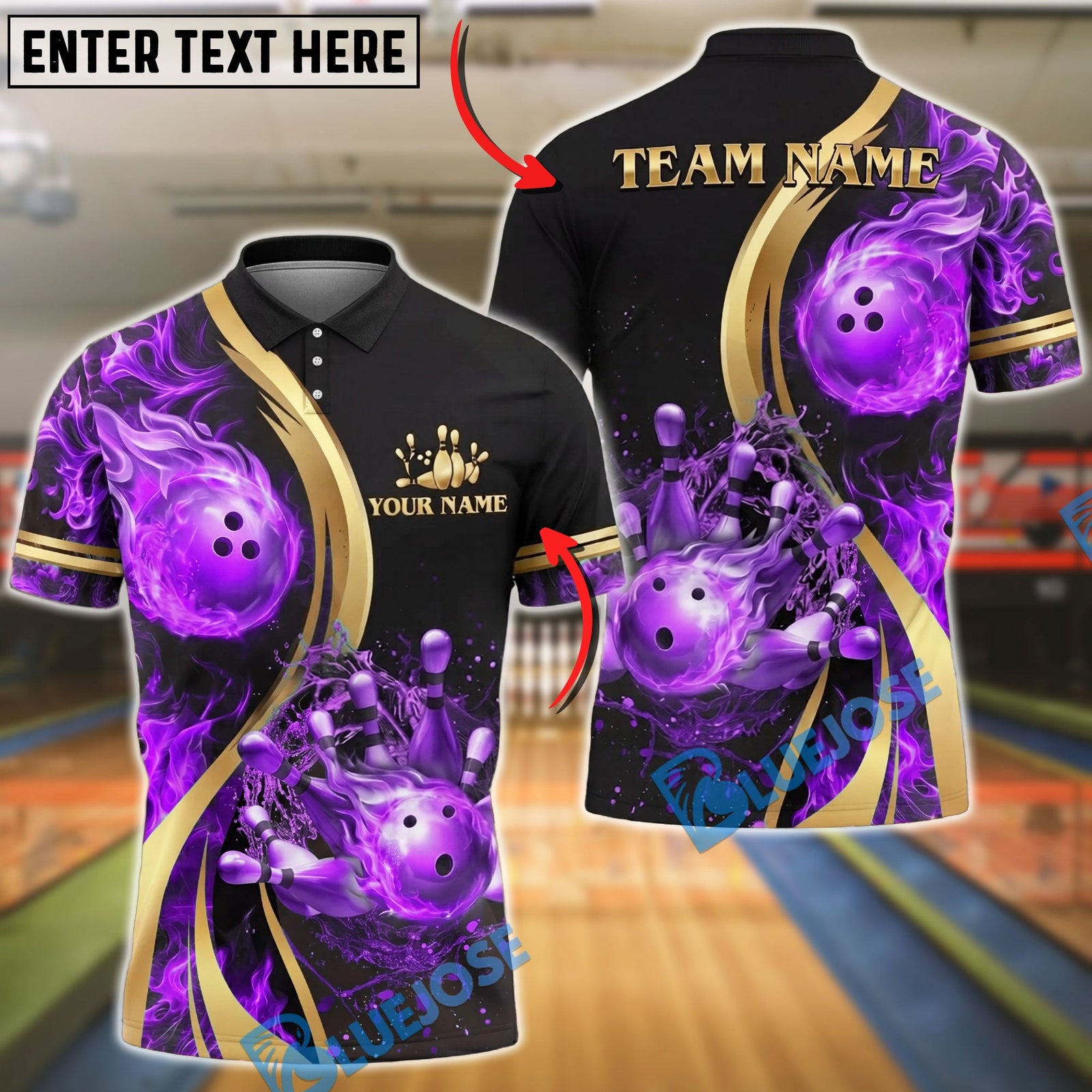 BlueJose Bowling And Pins Fire Magma Water Strike Customized Name, Team Name 3D Shirt (4 Colors)