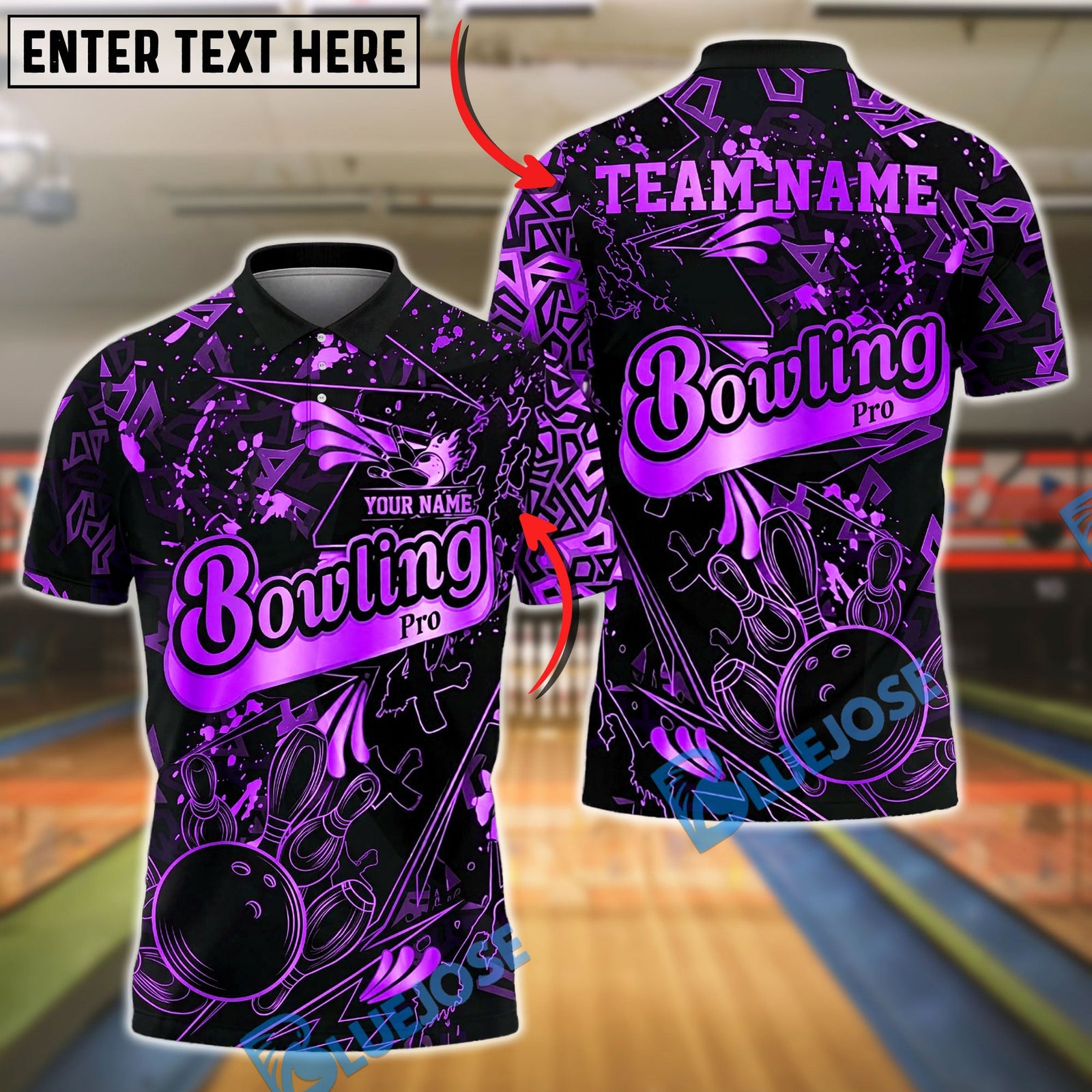 BlueJose Bowling And Pins Pro Black Gold Splatter Customized Name, Team Name 3D Shirt (6 Colors)
