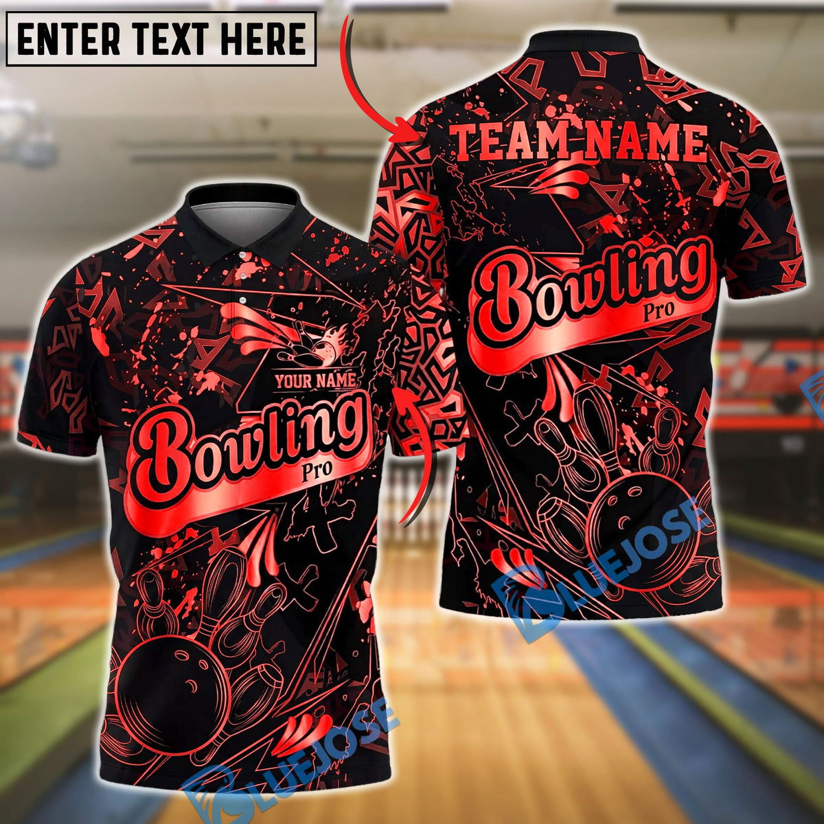 BlueJose Bowling And Pins Pro Black Gold Splatter Customized Name, Team Name 3D Shirt (6 Colors)