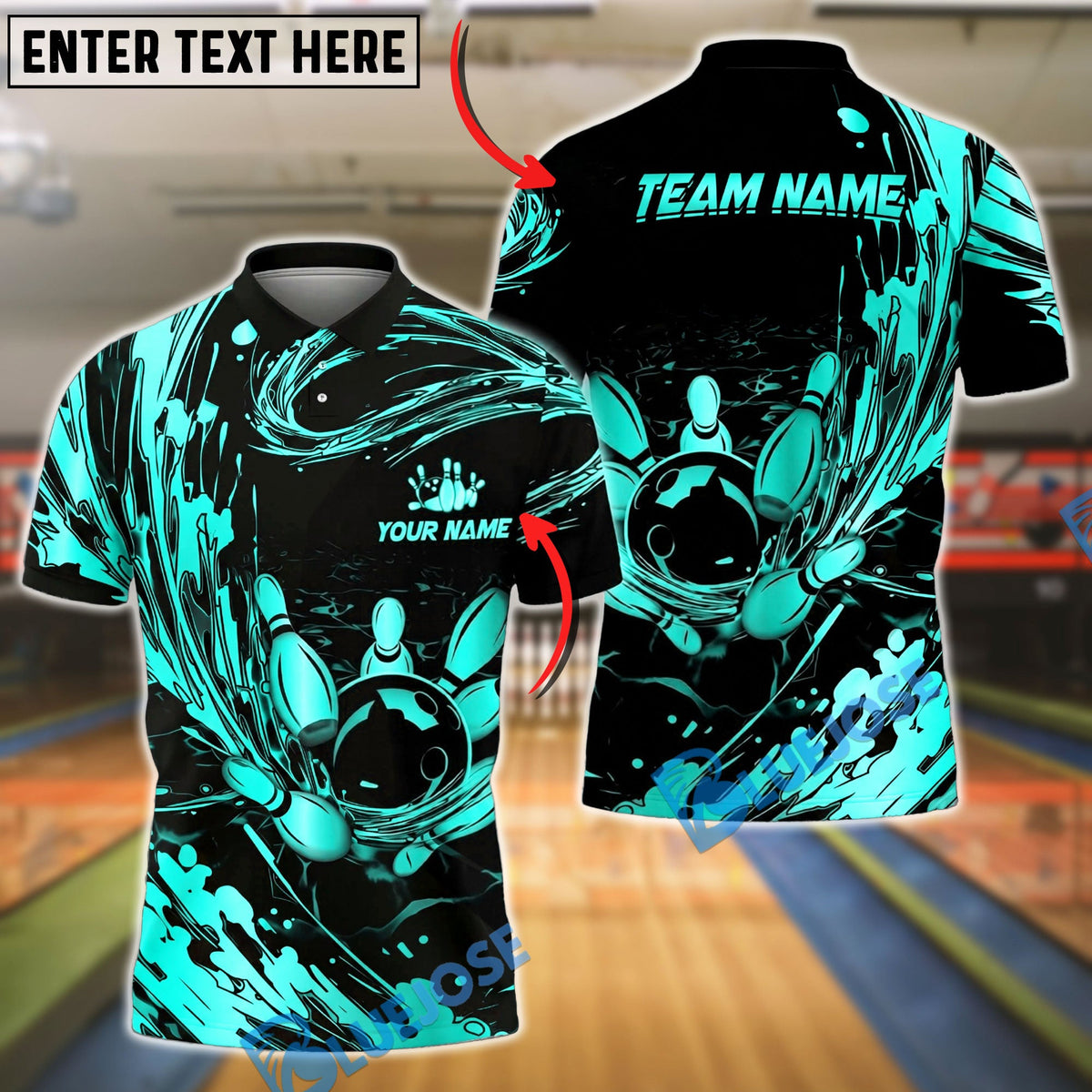 BlueJose Bowling And Pins Abstract Gold Water Splash Customized Name, Team Name 3D Shirt (6 Colors)