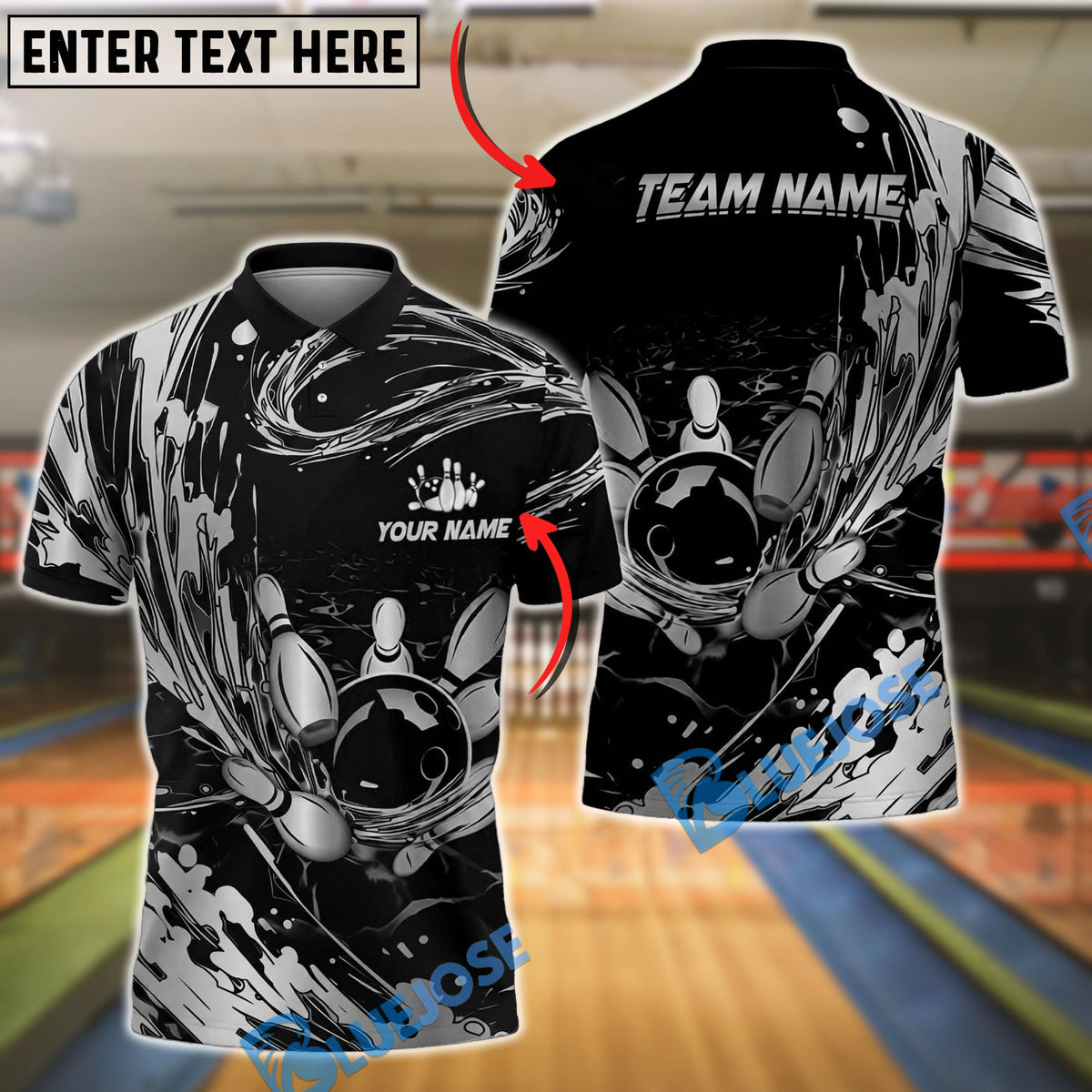 BlueJose Bowling And Pins Abstract Gold Water Splash Customized Name, Team Name 3D Shirt (6 Colors)
