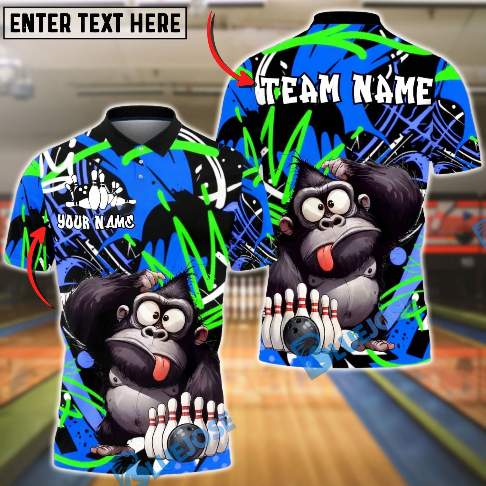 BlueJose Bowling & Pins Funny Gorilla Character Graffiti Splash Customized Name, Team Name 3D Shirt (4 Colors)