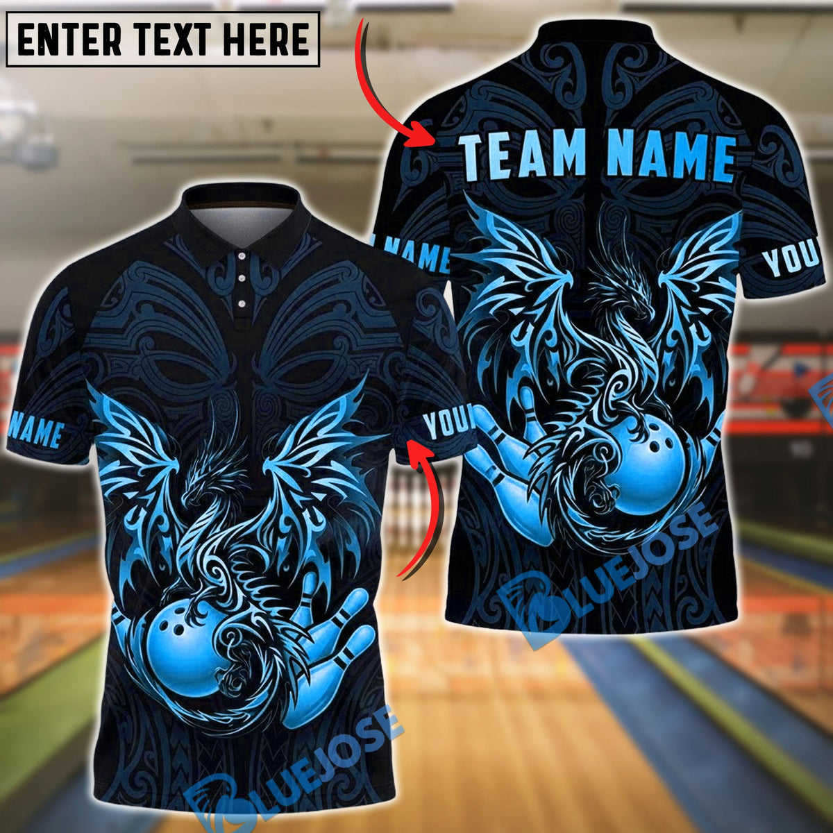 BlueJose Bowling & Pins Golden Dragon Flowing Ornamental Art Customized Name, Team Name 3D Shirt (6 Colors)