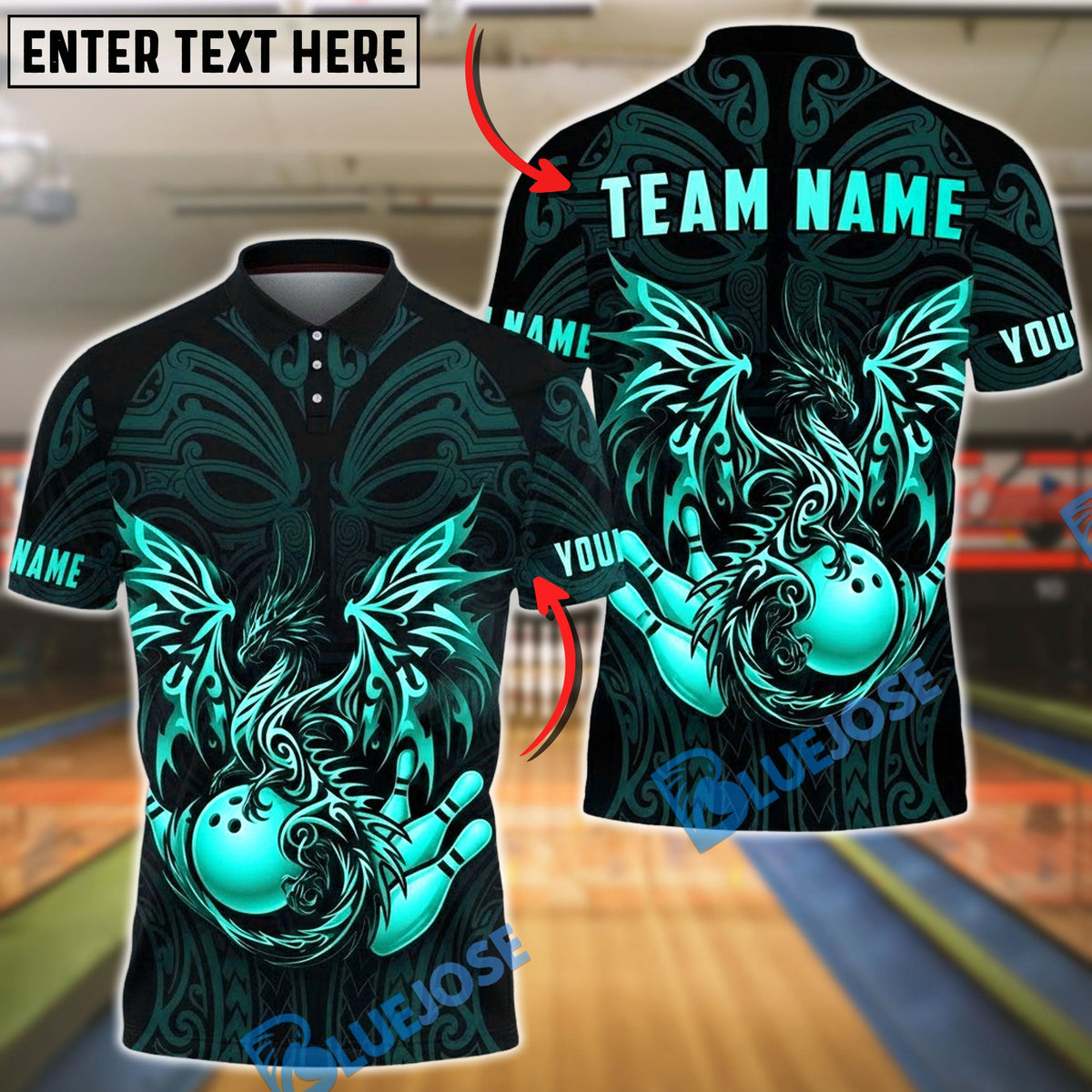 BlueJose Bowling & Pins Golden Dragon Flowing Ornamental Art Customized Name, Team Name 3D Shirt (6 Colors)