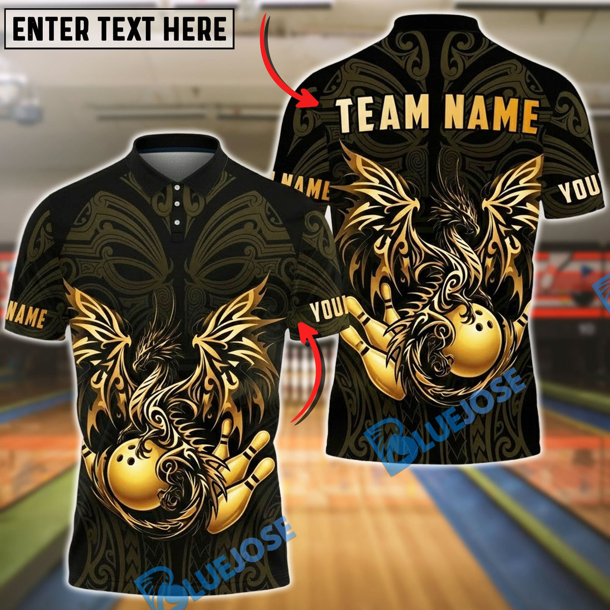 BlueJose Bowling &amp; Pins Golden Dragon Flowing Ornamental Art Customized Name, Team Name 3D Shirt (6 Colors)