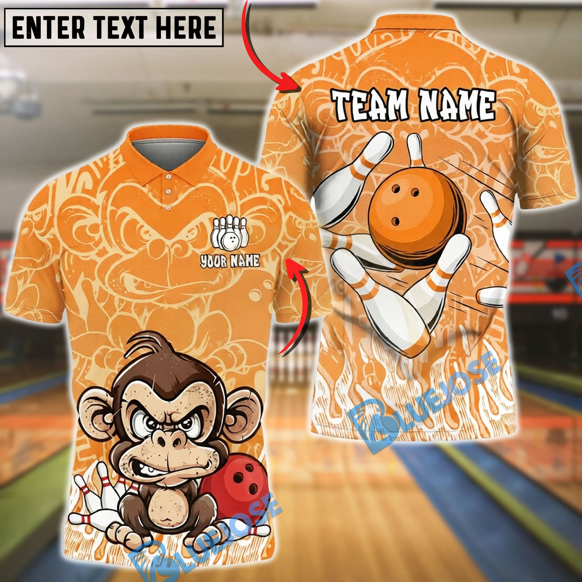 BlueJose Bowling &amp; Pins Angry Monkey Cartoon Art Customized Name, Team Name 3D Shirt (4 Colors)