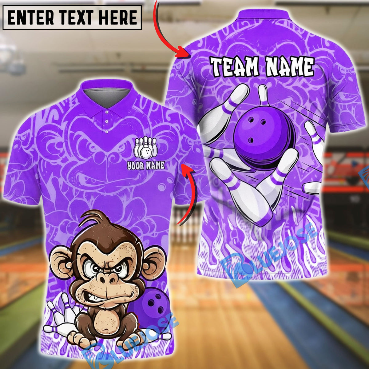 BlueJose Bowling & Pins Angry Monkey Cartoon Art Customized Name, Team Name 3D Shirt (4 Colors)