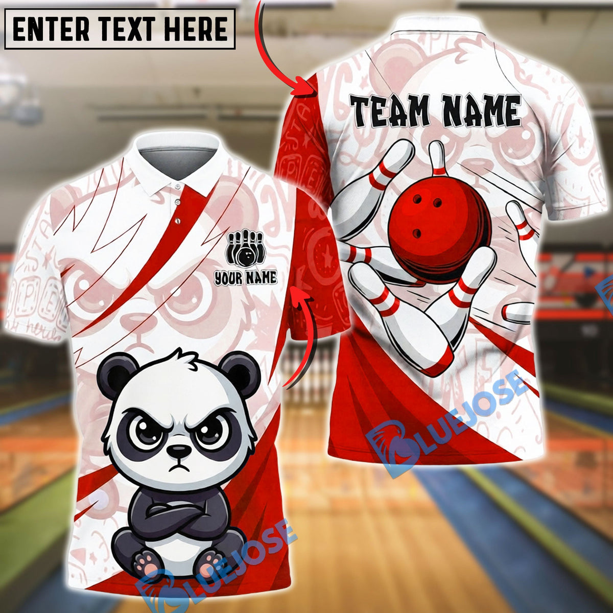 BlueJose Bowling &amp; Pins Cute Panda Cartoon Design Customized Name, Team Name 3D Shirt (4 Colors)