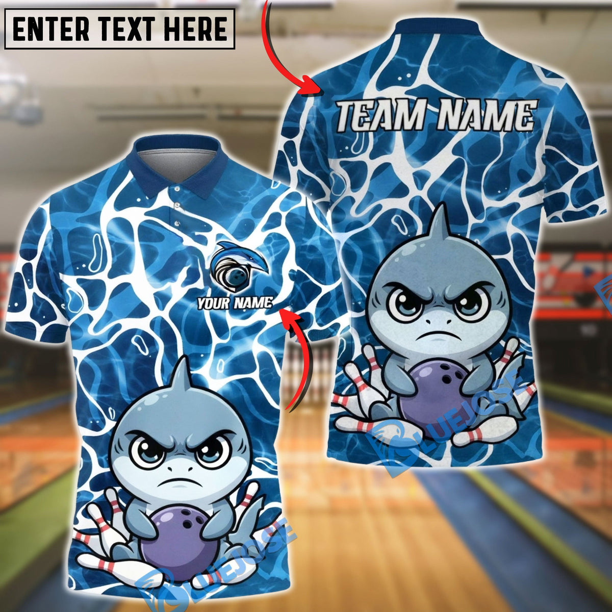 BlueJose Bowling &amp; Pins Shark Cute Cartoon Customized Name, Team Name 3D Shirt (4 Colors)