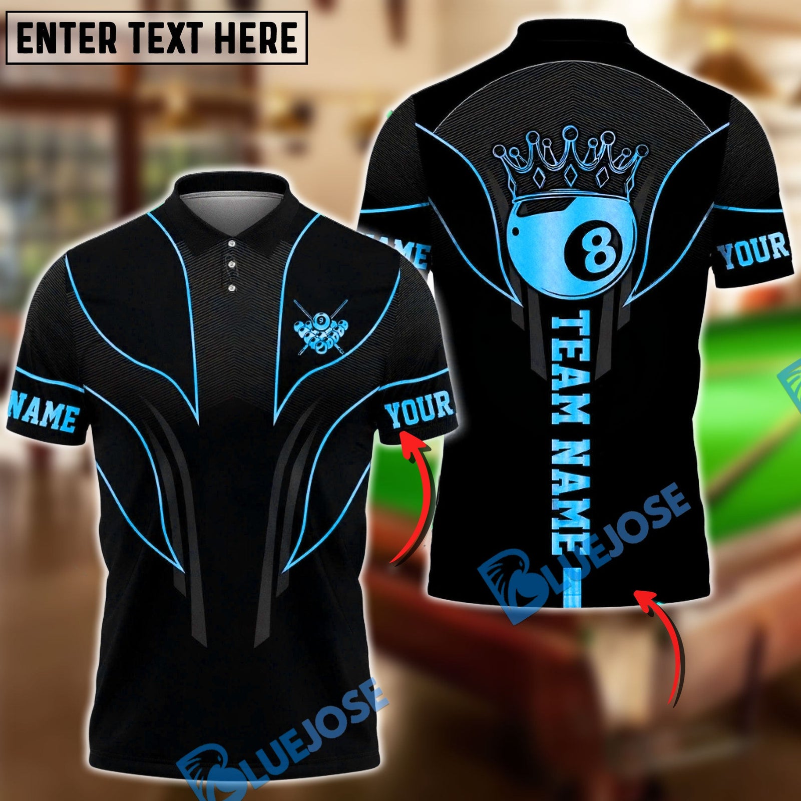 BlueJose Billiards Royal 8 Ball Elite Customized Name, Team Name 3D Shirt (6 Colors)
