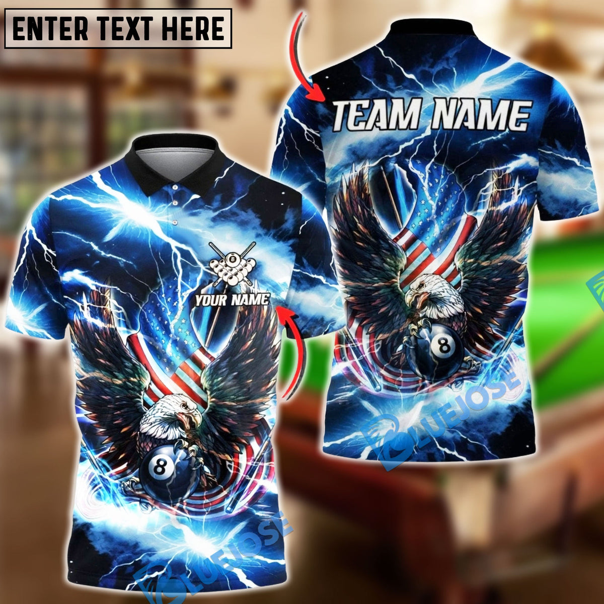 BlueJose Billiards 8 Ball USA Flag Eagle Blue Lightning Personalized Shirt