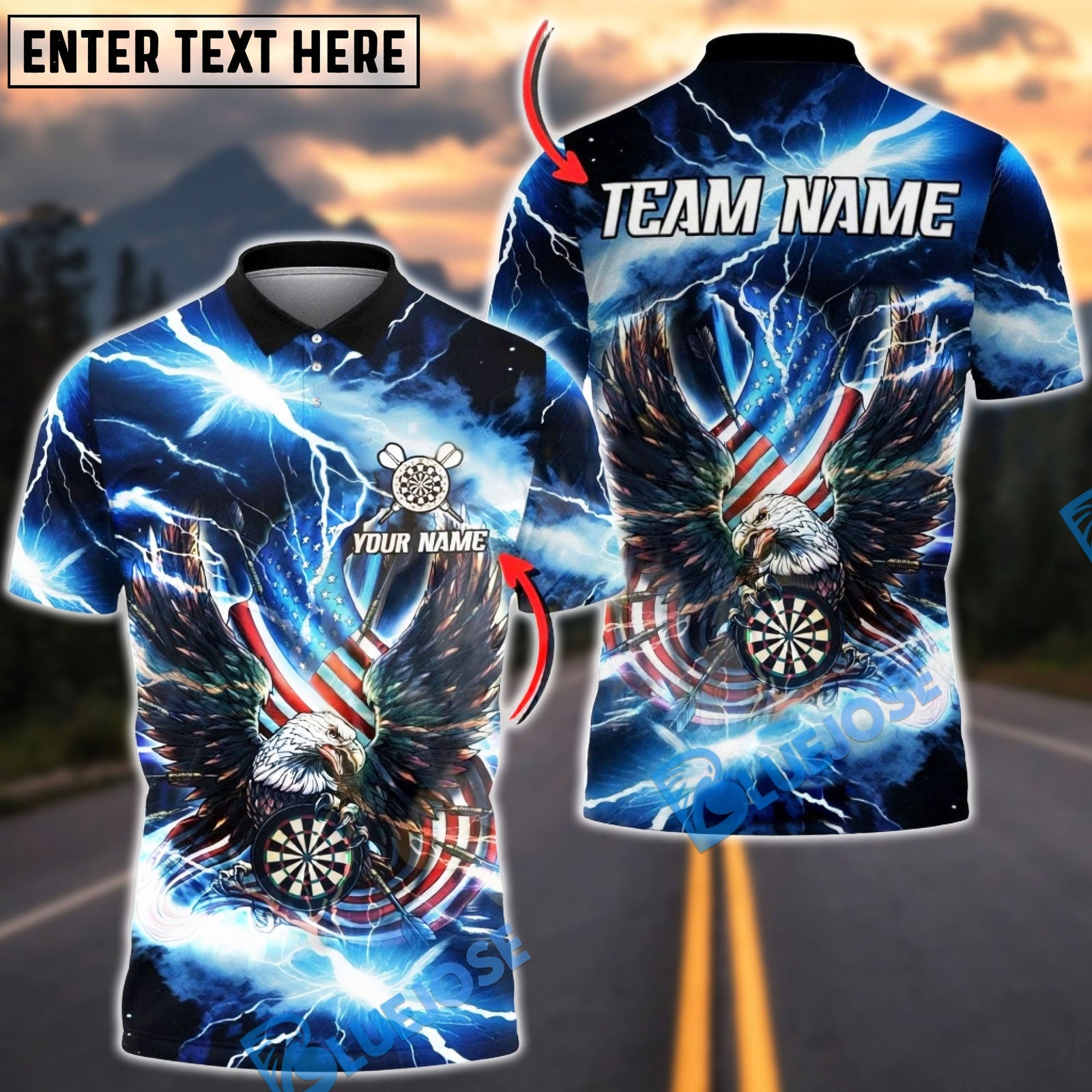 BlueJose Darts USA Flag Eagle Blue Lightning Personalized Name Shirt