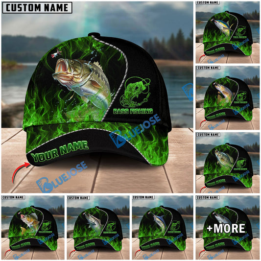 BlueJose Fishing Angler Green Flame Personalized Name Classic 3D Cap Personalized Cap (13 Breeds)