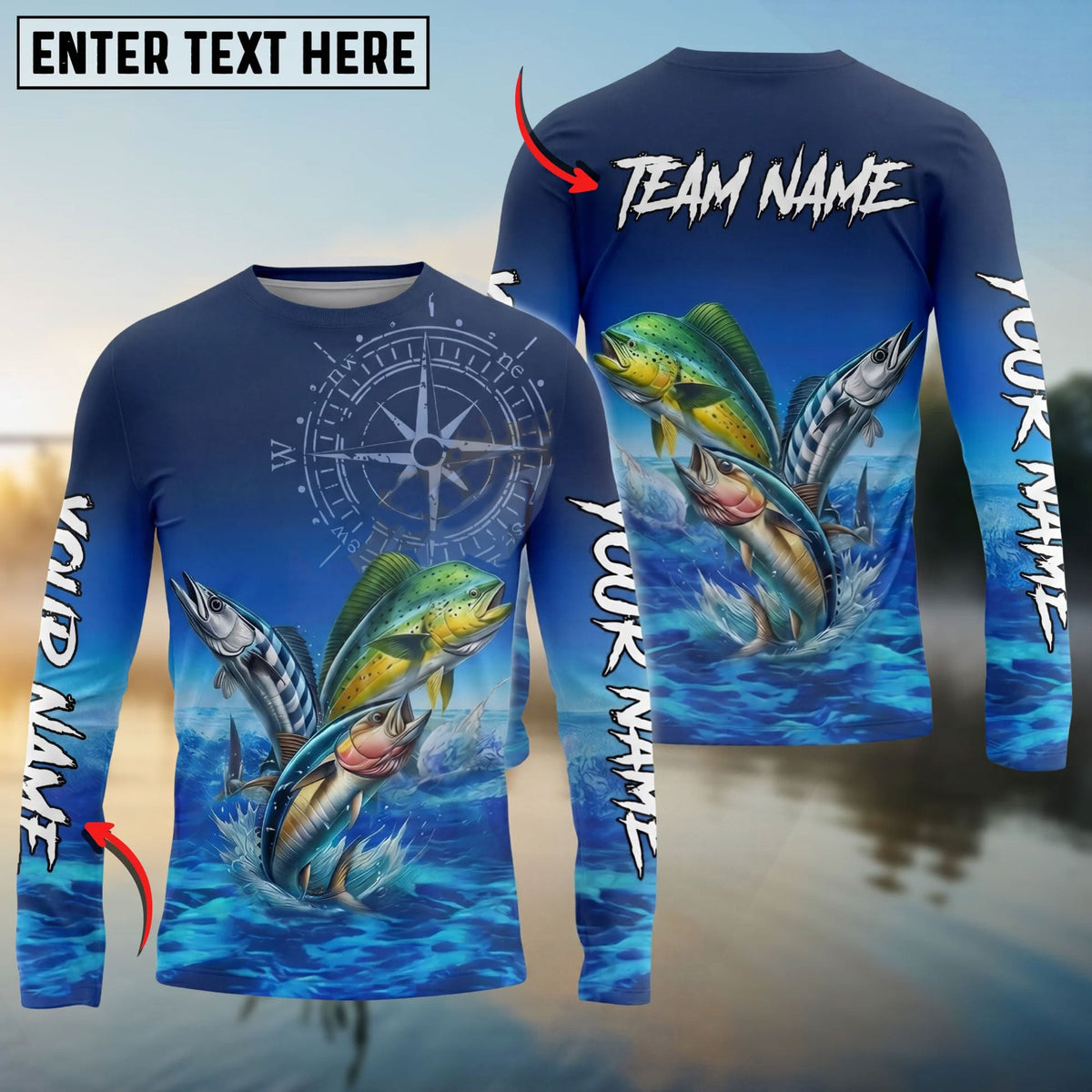 Bluejose Mahi Tuna Wahoo Offshore Fishing Compass Ocean Custom Name &amp; Team Name 3D Shirts