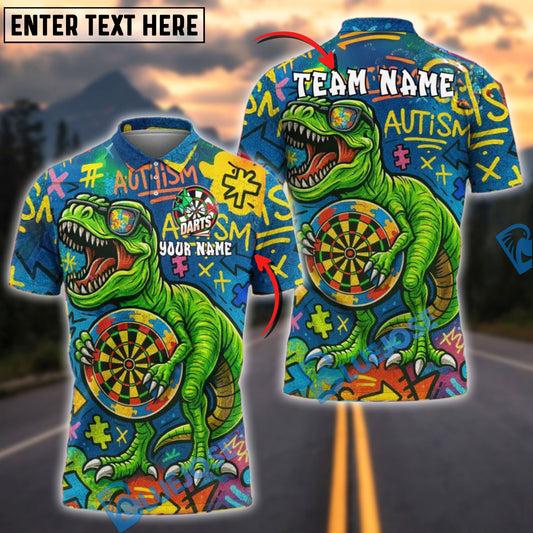 BlueJose Darts Autism Awareness T-Rex Graffiti Personalized Name, Team Name Shirt