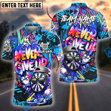 BlueJose Darts Graffiti Funny Never Give Up Dartboard Personalized Name, Team Name Shirt (4 Colors)