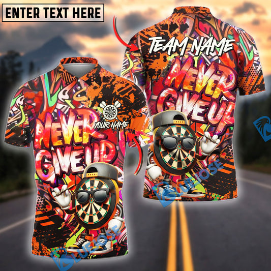 BlueJose Darts Graffiti Funny Never Give Up Dartboard Personalized Name, Team Name Shirt (4 Colors)