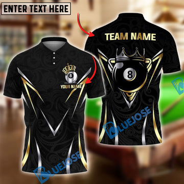 BlueJose Billiards Ball 8 King Crown Design Personalized Name, Team Name Shirt (6 Colors)