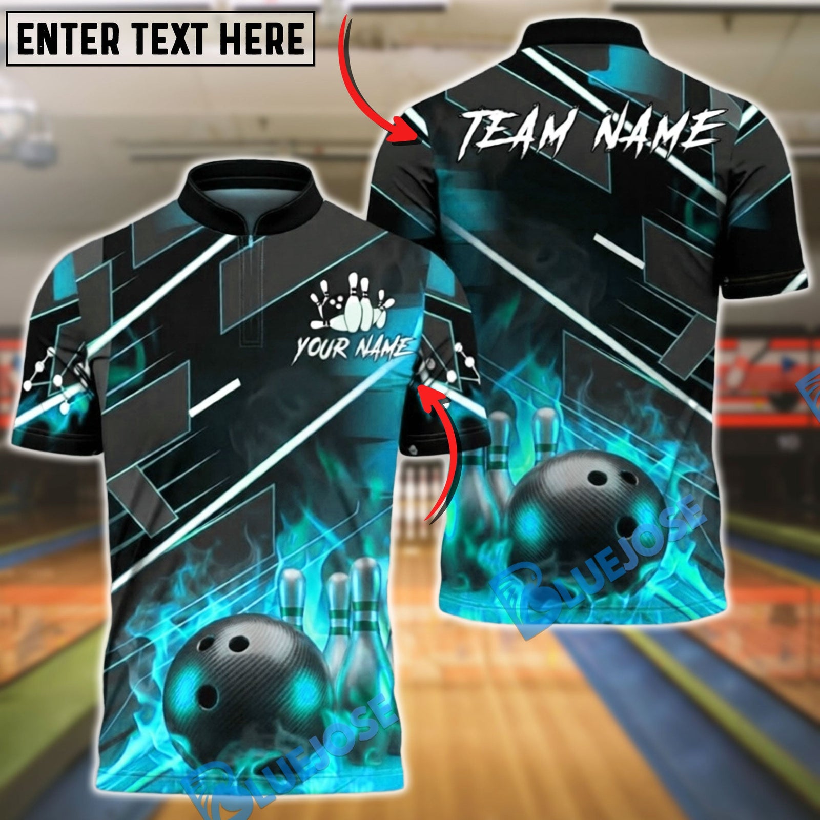BlueJose Bowling & Pins Flame Strike Shirt Fiery Ball & Pins Design Customized Name, Team Name 3D Shirt (4 Colors)