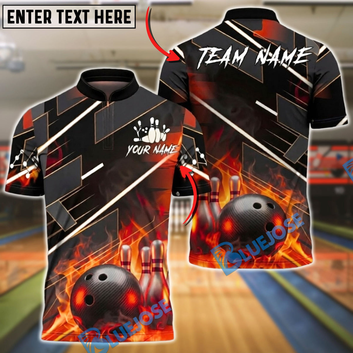 BlueJose Bowling &amp; Pins Flame Strike Shirt Fiery Ball &amp; Pins Design Customized Name, Team Name 3D Shirt (4 Colors)