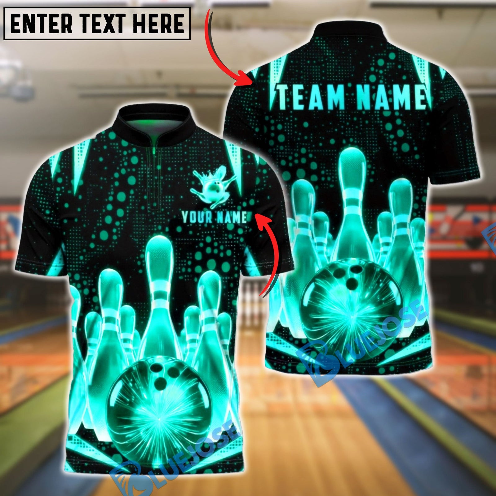 BlueJose Bowling & Pins Neon Glow Pins Grid Customized Name, Team Name 3D Shirt (6 Colors)
