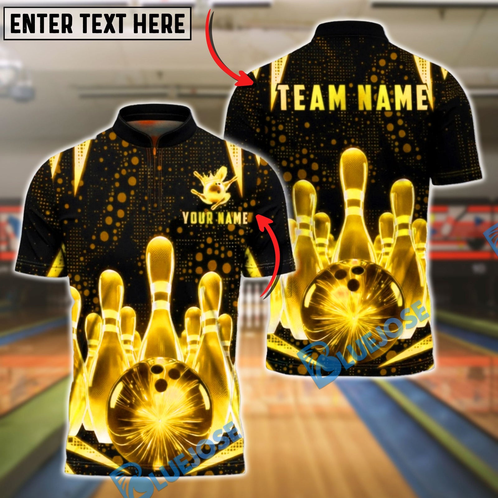 BlueJose Bowling & Pins Neon Glow Pins Grid Customized Name, Team Name 3D Shirt (6 Colors)