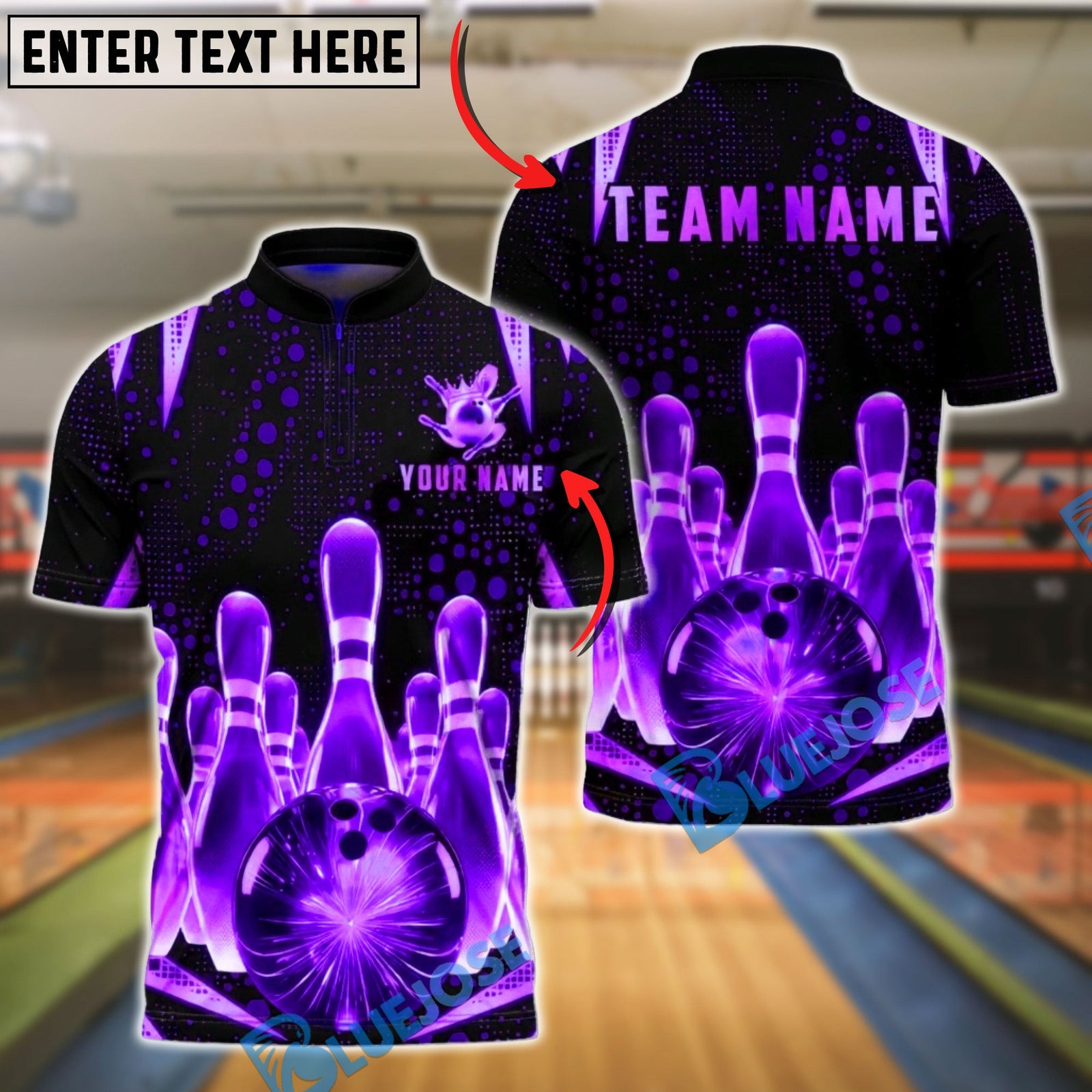 BlueJose Bowling & Pins Neon Glow Pins Grid Customized Name, Team Name 3D Shirt (6 Colors)