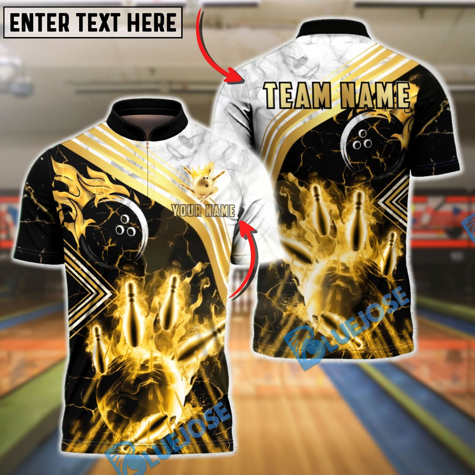 BlueJose Bowling & Pins Gold Marble Smoke Luxury Customized Name, Team Name 3D Shirt (6 Colors)