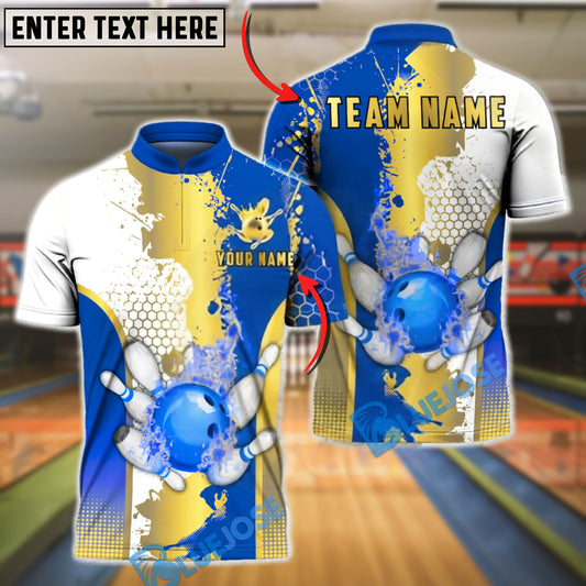 BlueJose Bowling & Pins Gold Splatter Paint Hexagon Texture Customized Name, Team Name 3D Shirt (4 Colors)