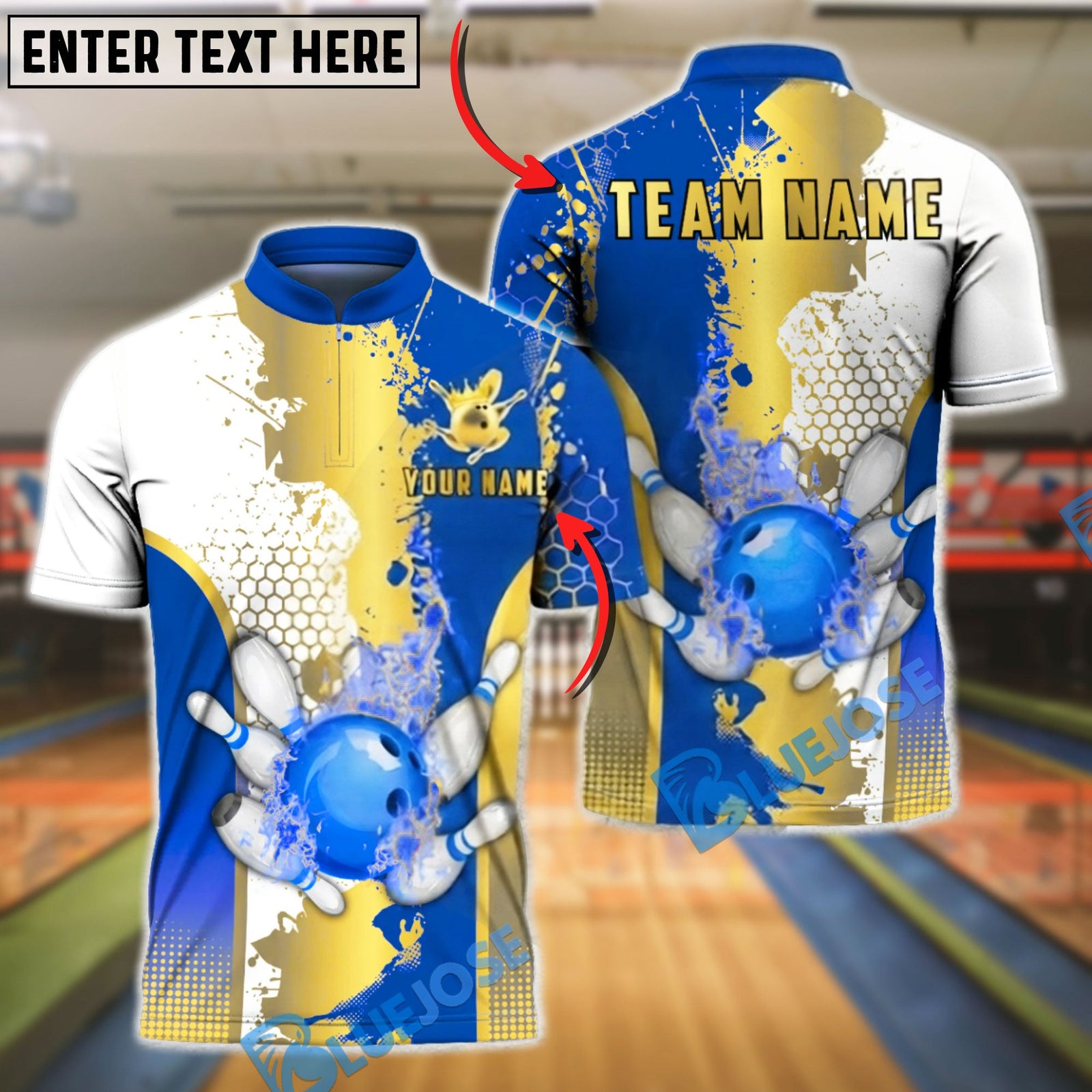 BlueJose Bowling & Pins Gold Splatter Paint Hexagon Texture Customized Name, Team Name 3D Shirt (4 Colors)