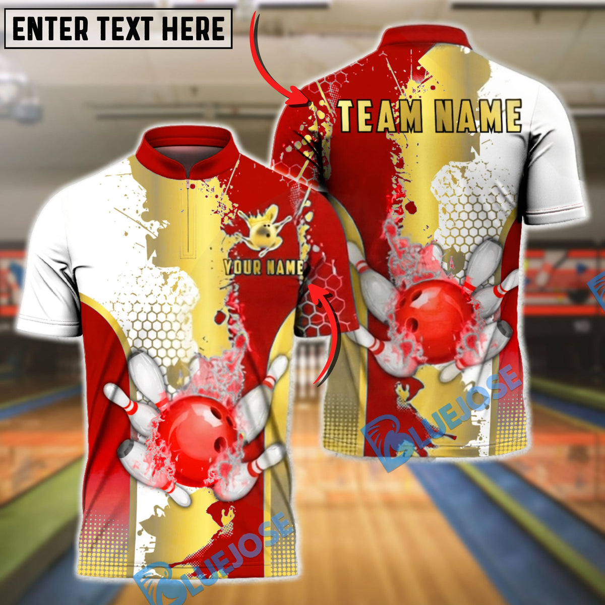 BlueJose Bowling &amp; Pins Gold Splatter Paint Hexagon Texture Customized Name, Team Name 3D Shirt (4 Colors)