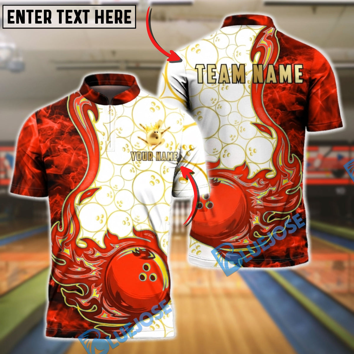 BlueJose Bowling &amp; Pins Artistic Swirl Fire White Pattern Customized Name, Team Name 3D Shirt (4 Colors)