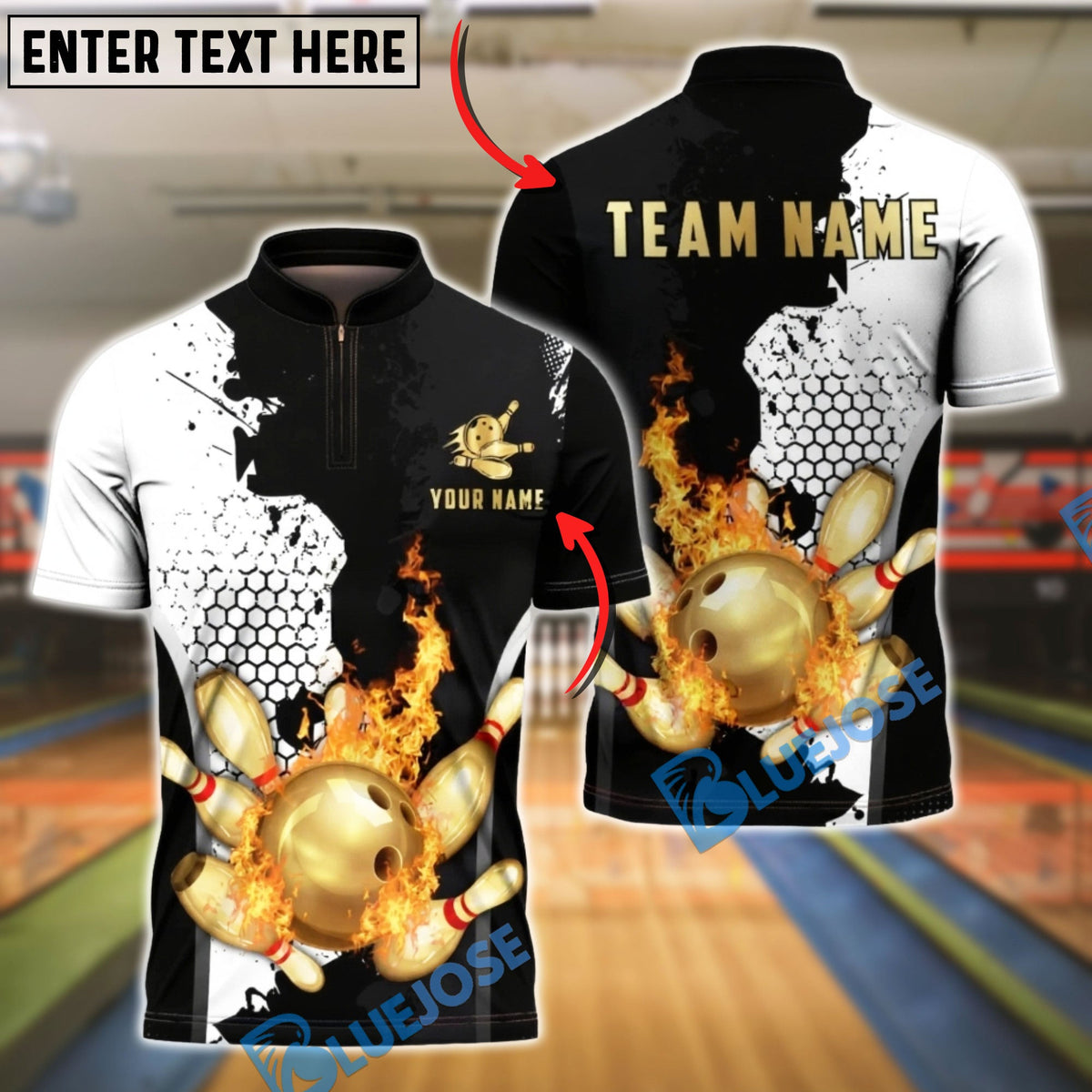 BlueJose Bowling &amp; Pins Fire Strike Gold Splash Customized Name, Team Name 3D Shirt (4 Colors)