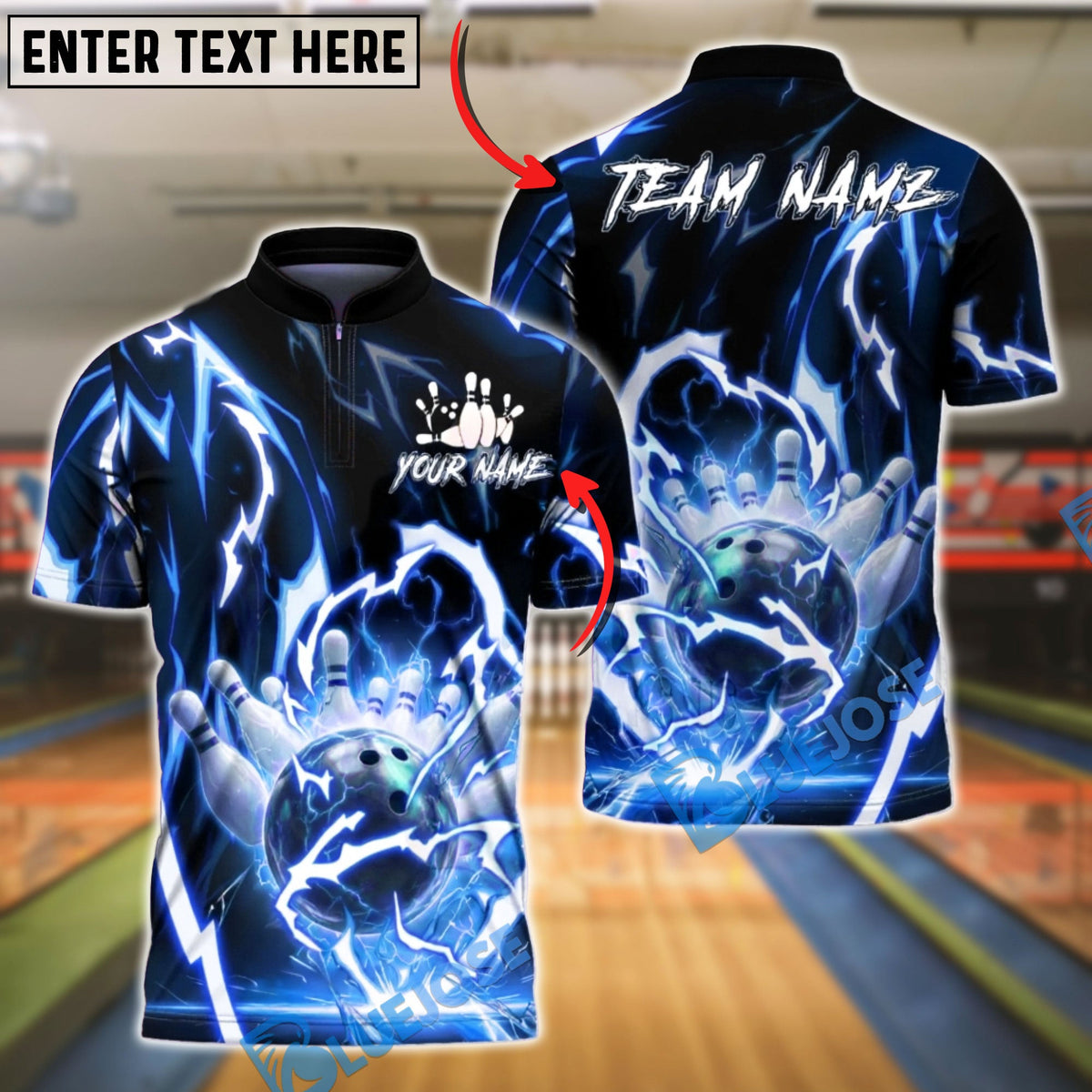 BlueJose Bowling &amp; Pins Lightning Energy Shirt Electric Strike Ball Design Customized Name, Team Name 3D Shirt (4 Colors)
