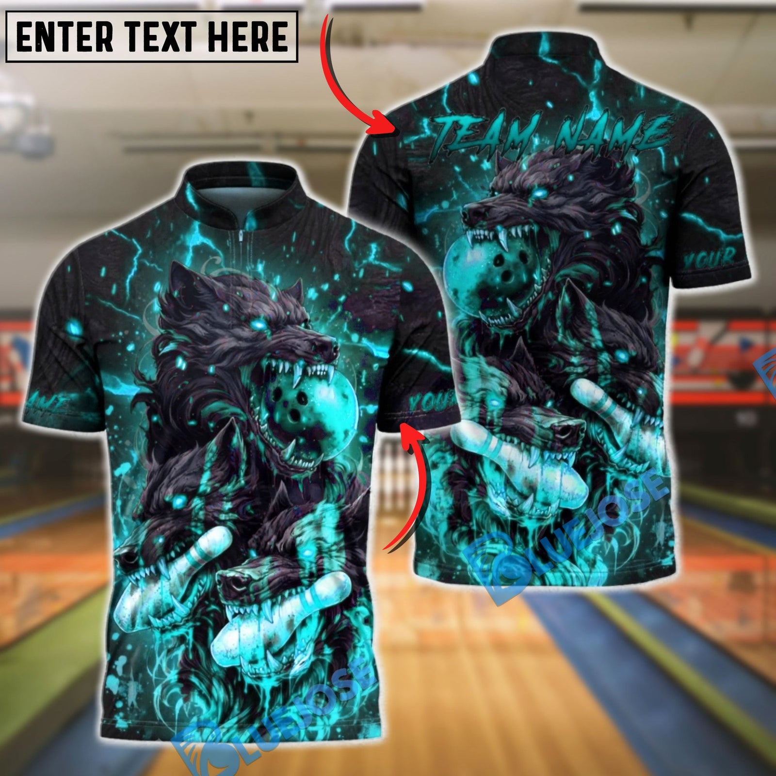 BlueJose Bowling & Pins Cerberus Fire Fierce Wolf Strike Ball Design Customized Name, Team Name 3D Shirt (4 Colors)