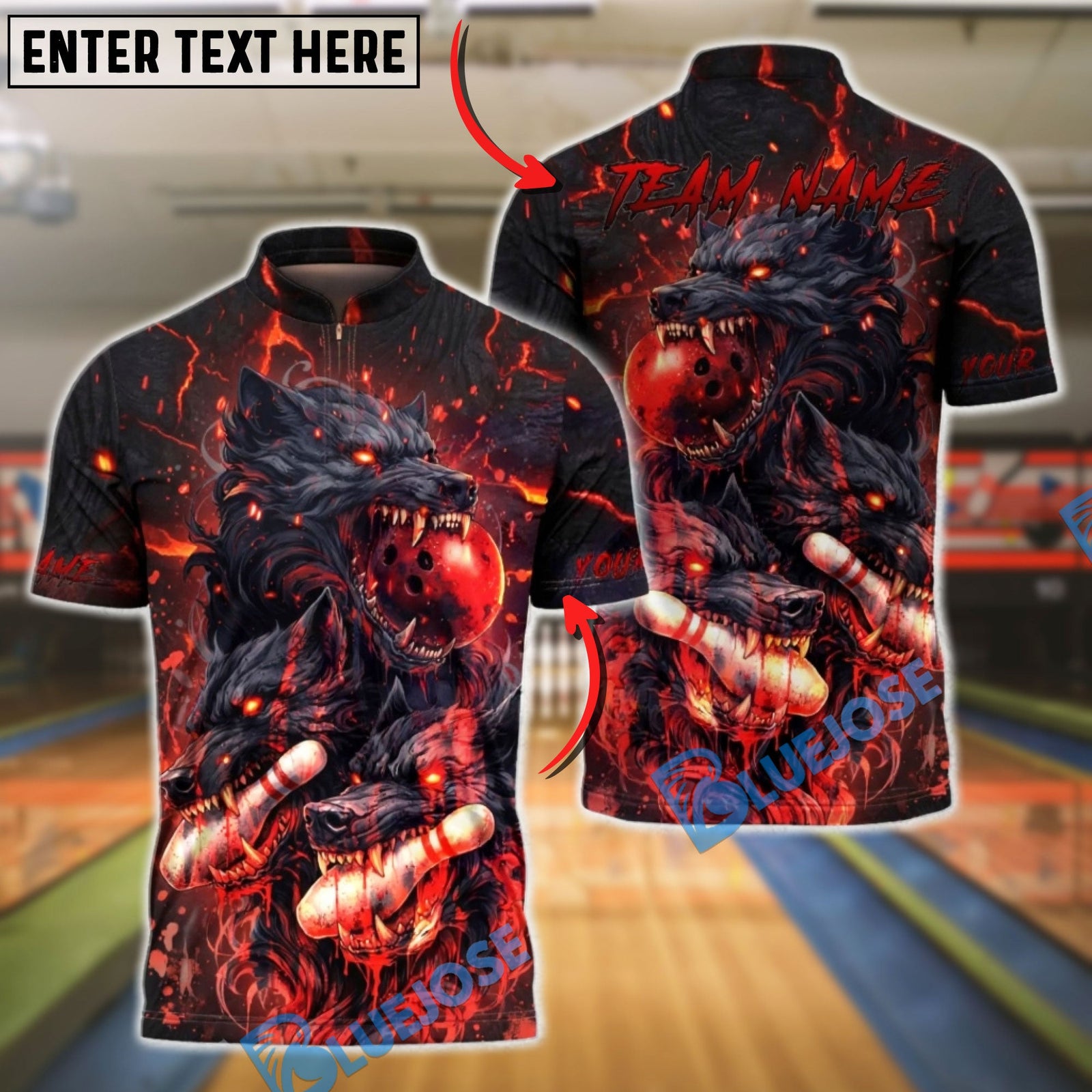 BlueJose Bowling & Pins Cerberus Fire Fierce Wolf Strike Ball Design Customized Name, Team Name 3D Shirt (4 Colors)