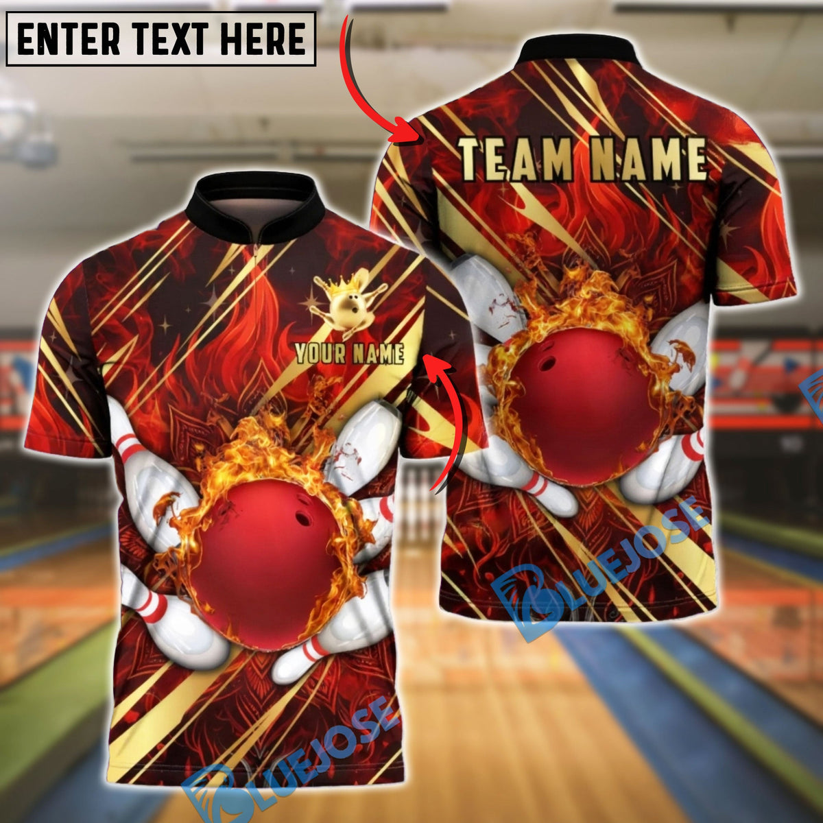 BlueJose Bowling &amp; Pins Fire Mandala Pattern Customized Name, Team Name 3D Shirt (4 Colors)
