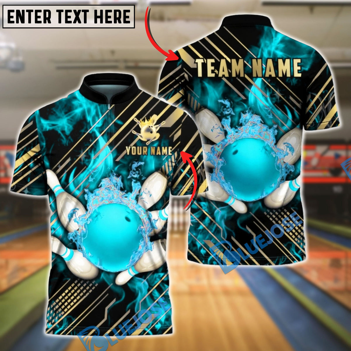 BlueJose Bowling & Pins Golden Diagonal Stripes Fire Customized Name, Team Name 3D Shirt (4 Colors)
