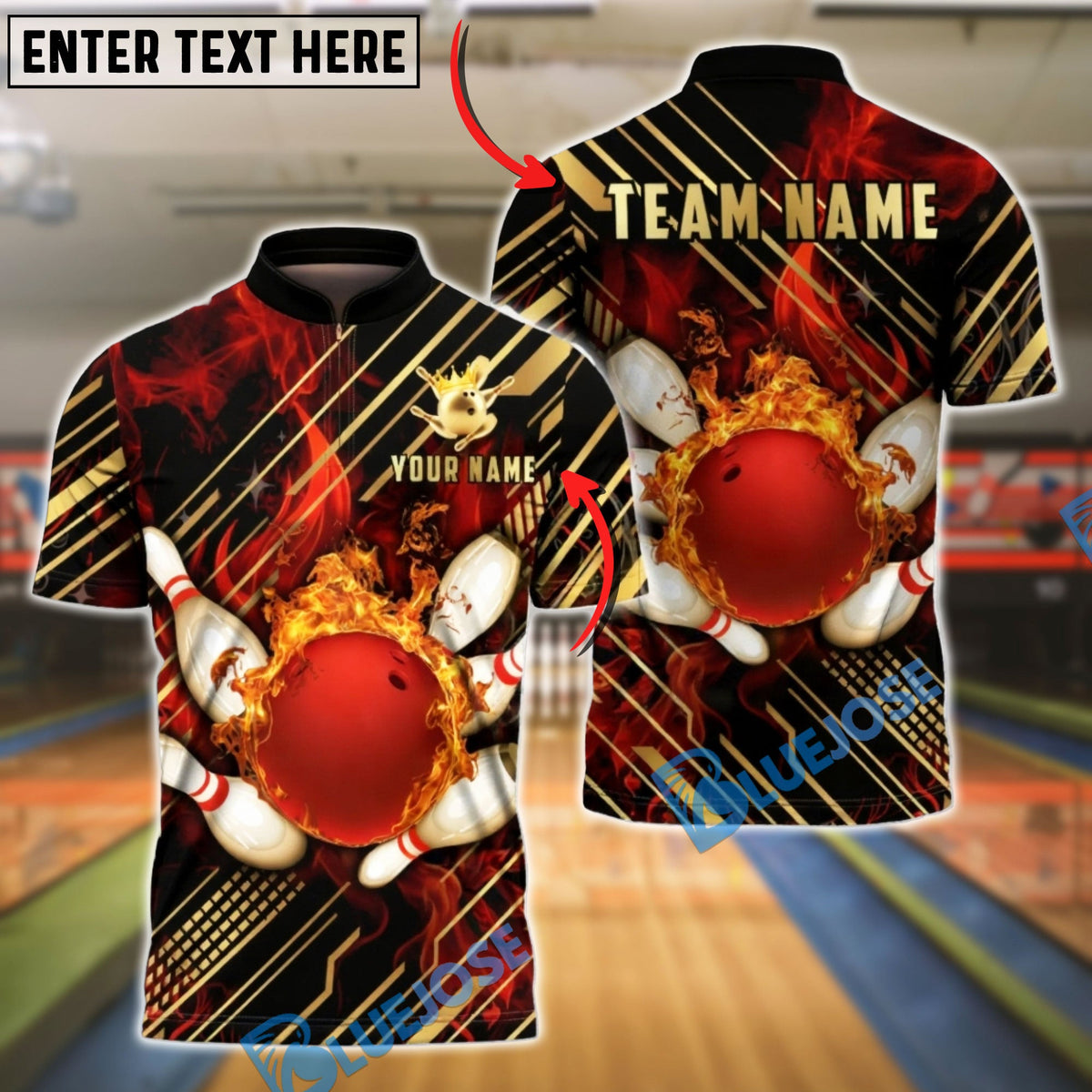 BlueJose Bowling &amp; Pins Golden Diagonal Stripes Fire Customized Name, Team Name 3D Shirt (4 Colors)