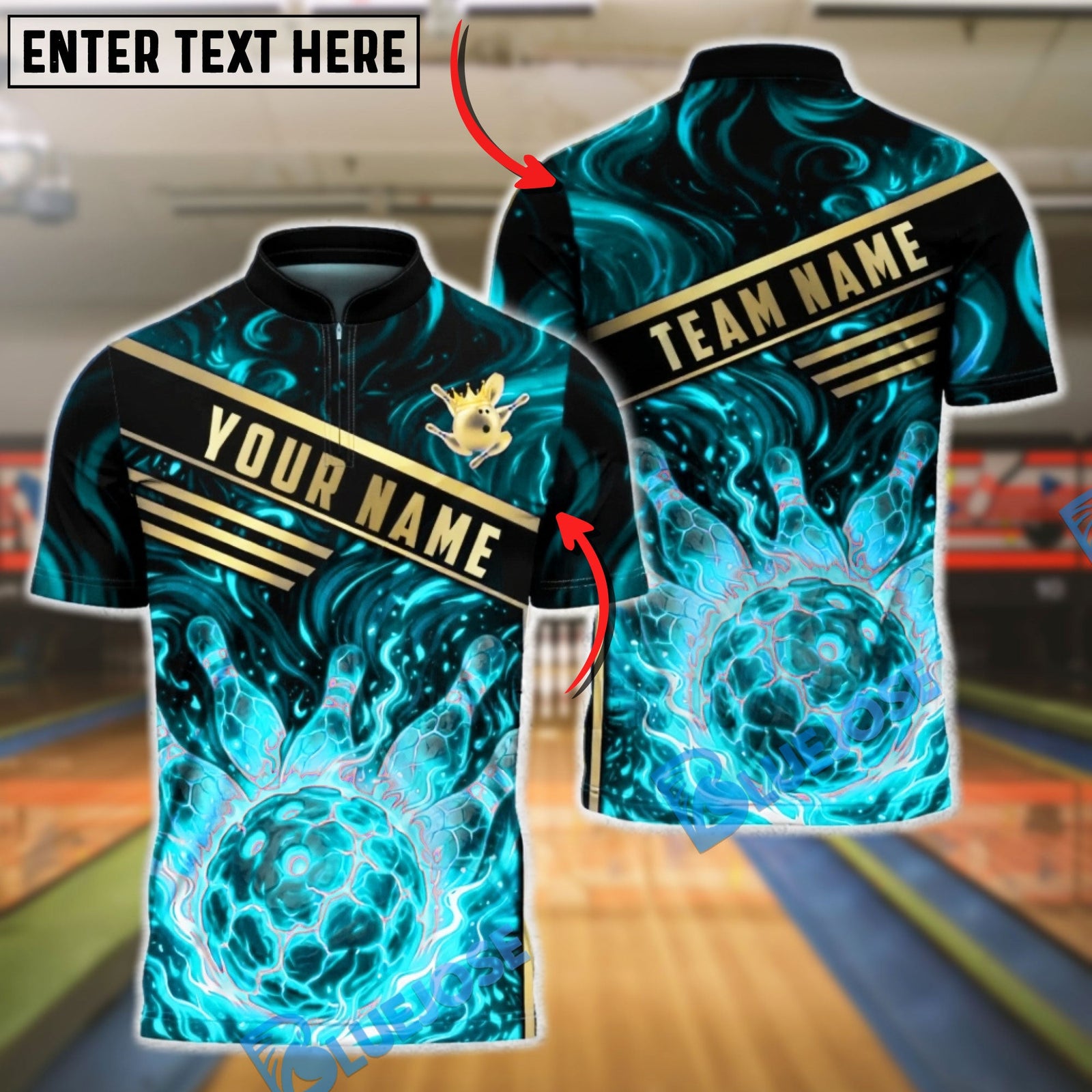 BlueJose Bowling & Pins Molten Lava Magma Design Customized Name, Team Name 3D Shirt (4 Colors)