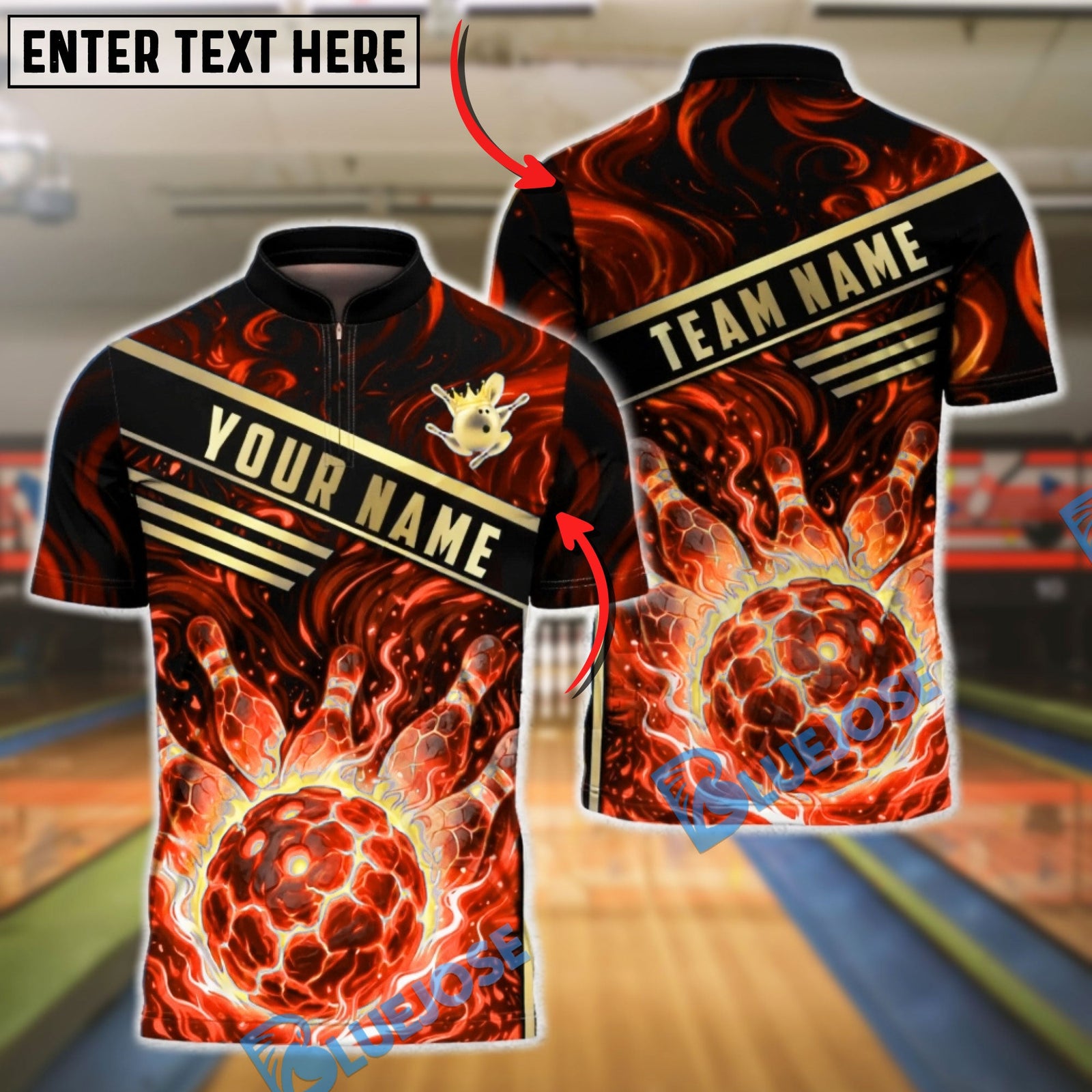 BlueJose Bowling & Pins Molten Lava Magma Design Customized Name, Team Name 3D Shirt (4 Colors)