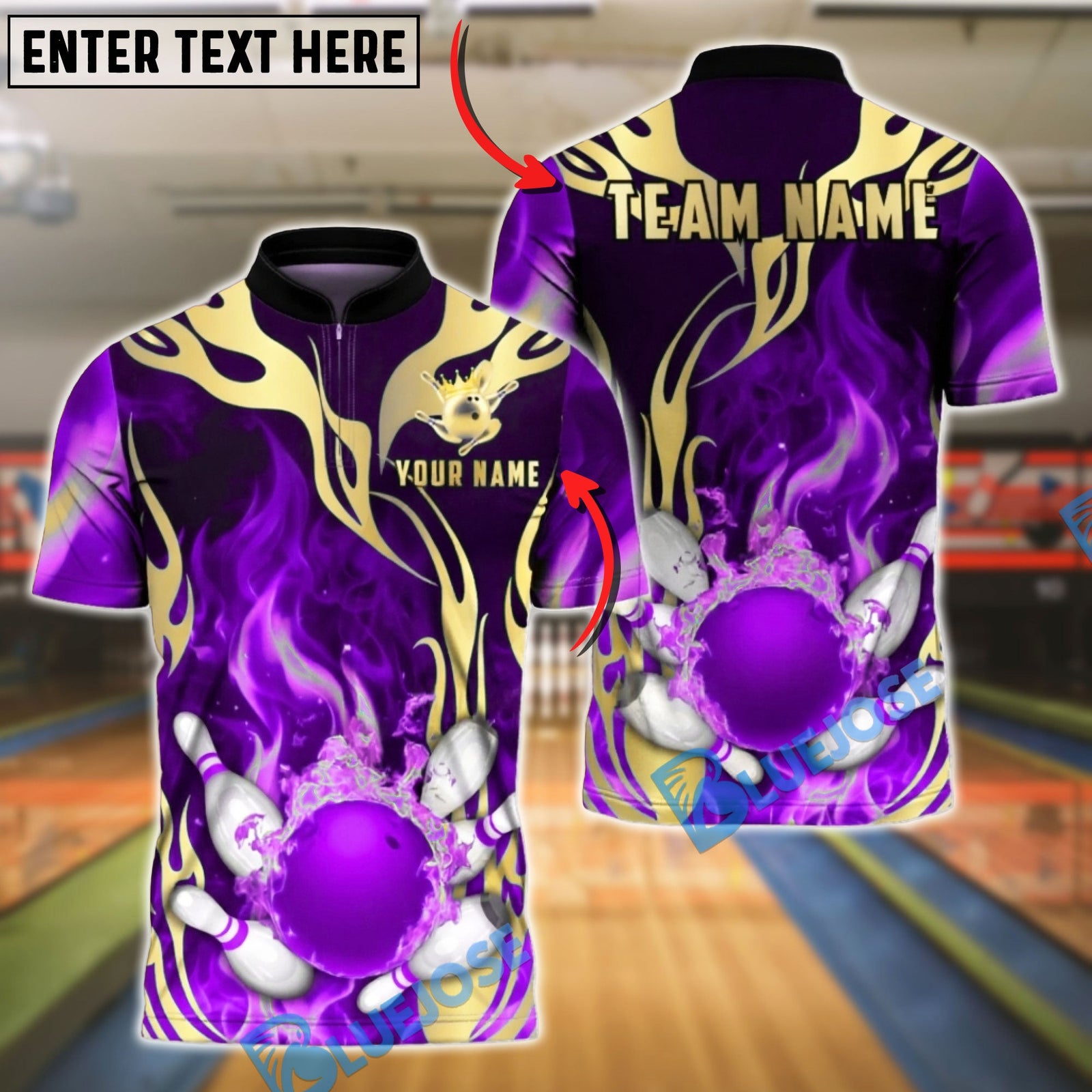 BlueJose Bowling & Pins Tribal Flame Gold Accents Customized Name, Team Name 3D Shirt (4 Colors)