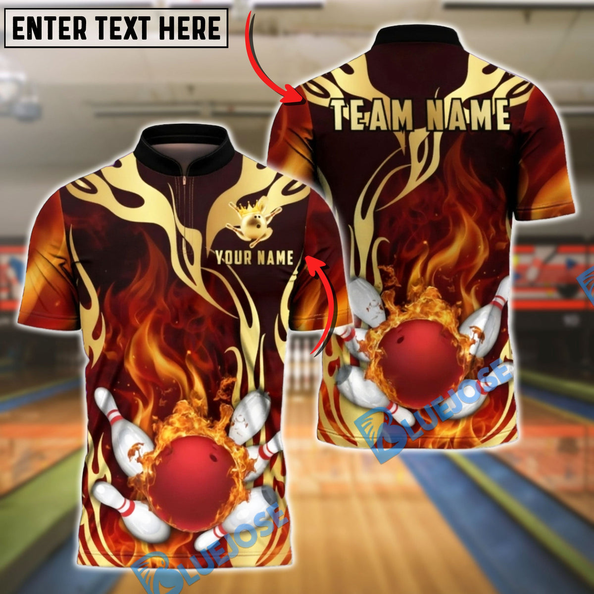 BlueJose Bowling &amp; Pins Tribal Flame Gold Accents Customized Name, Team Name 3D Shirt (4 Colors)
